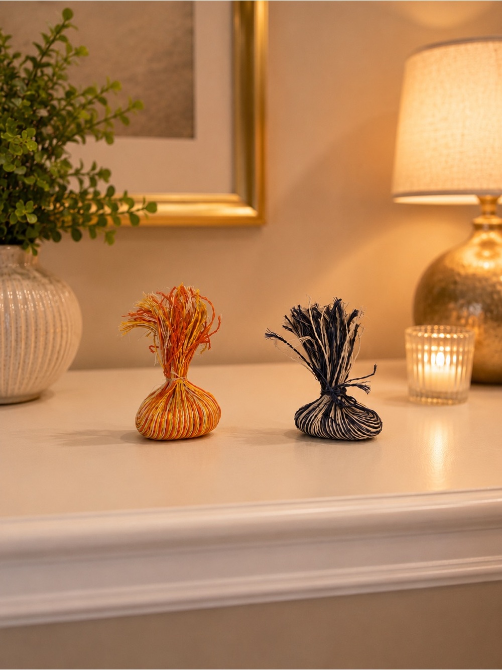 Handcrafted Raffia Knot Accent Set in Orange and deep blue ( almost black)
